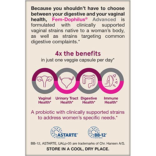Jarrow Formulas Fem-Dophilus Advanced Vaginal & Digestive Probiotics 10 Billion CFU With 6 Clinically-Studied Strains, For Vaginal, Urinary Tract, Digestive & Immune Support, 30 Capsules, Shelf-Stable
