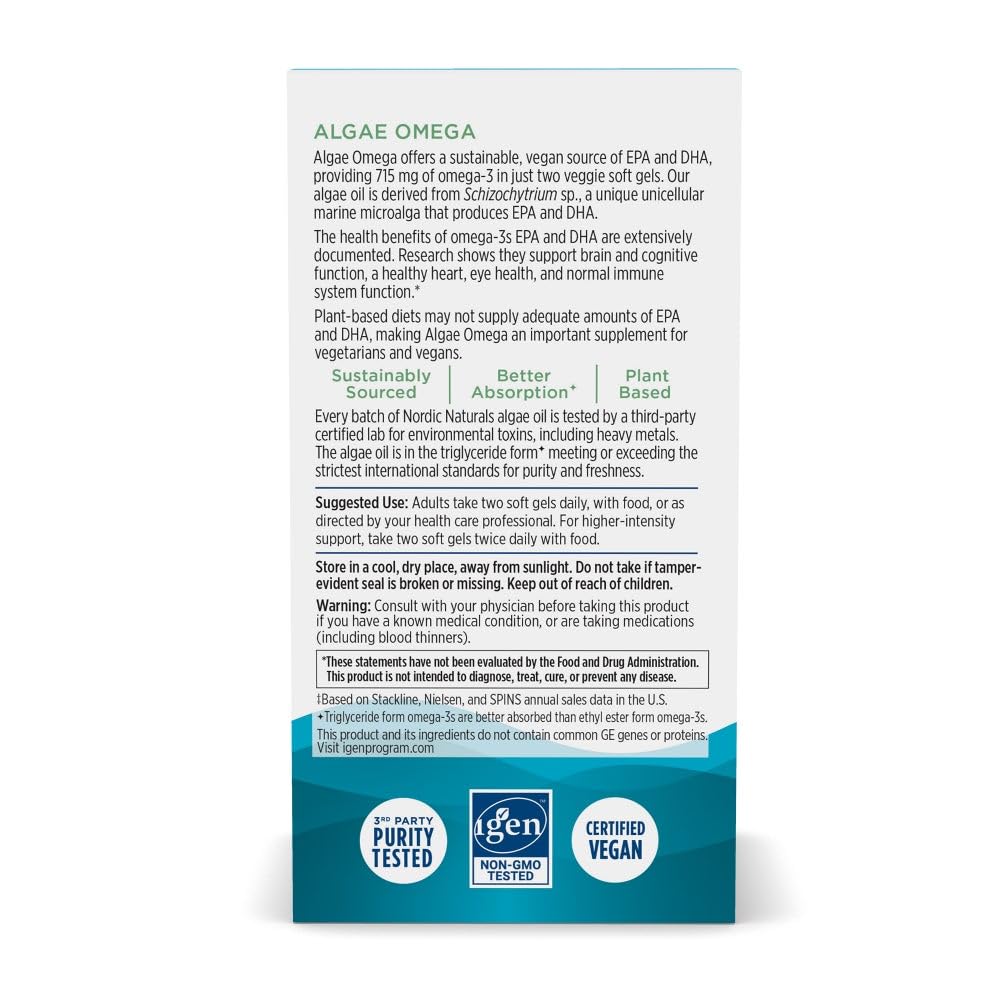Nordic Naturals Algae Omega - 90 Soft Gels - 715 mg Omega-3 - Certified Vegan Algae Oil - Plant-Based EPA & DHA - Heart, Eye, Immune & Brain Health - Non-GMO - 45 Serving