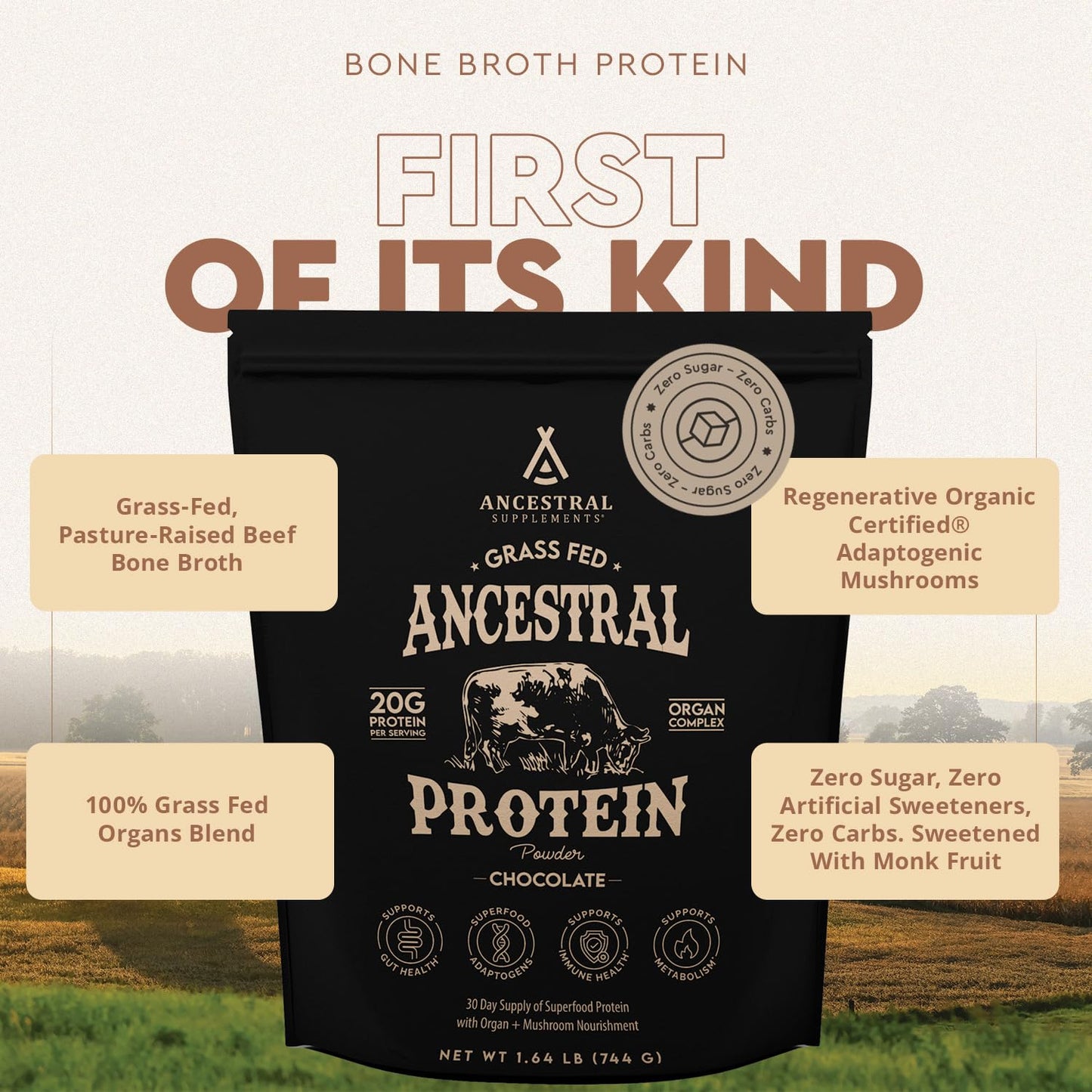 Ancestral Supplements Grass Fed Protein Powder, Vanilla, Beef Bone Broth Based with Beef Organs & Organic Mushrooms, Gut Health Support, High Protein Supplement, 20g Protein Per Serving, 30 Day Supply