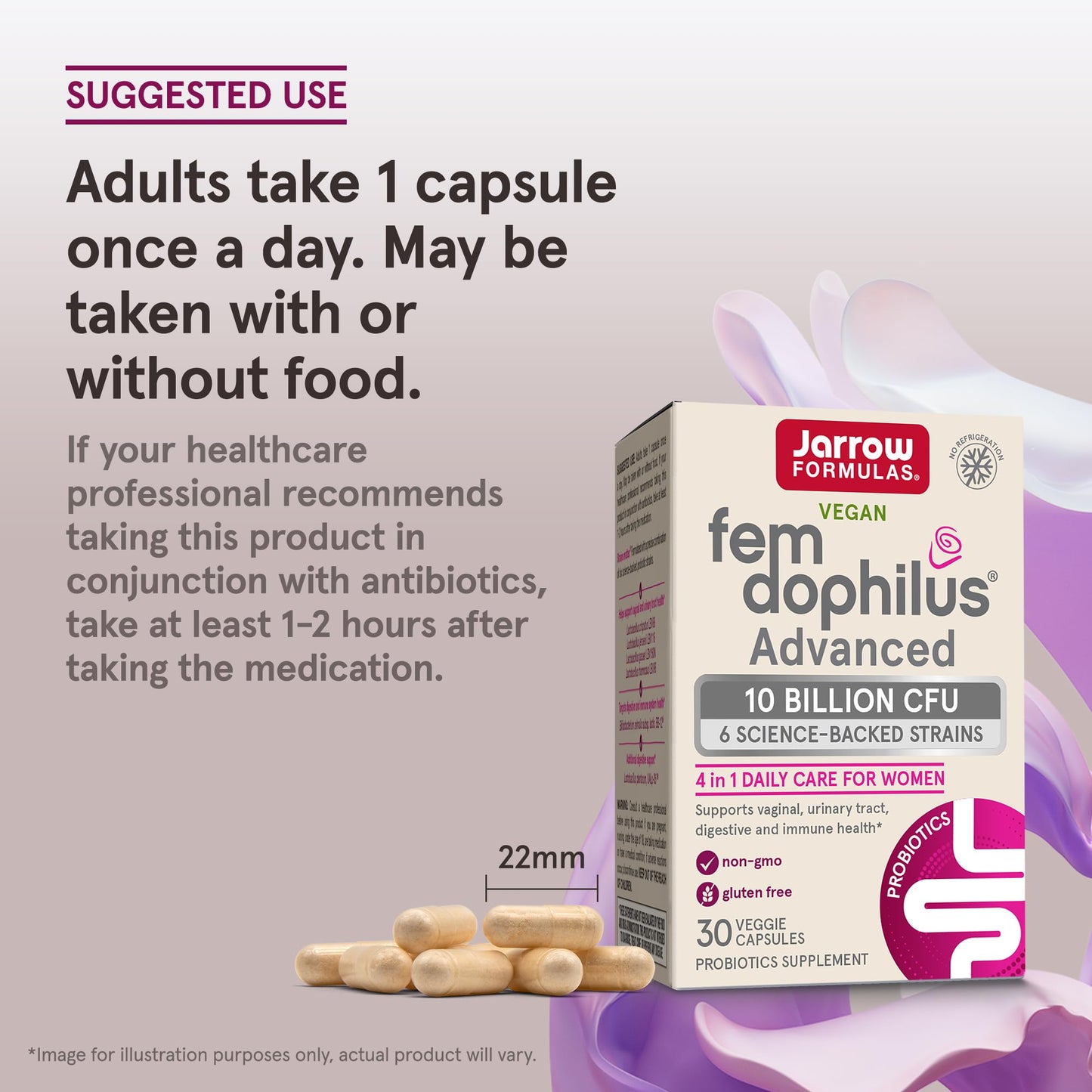 Jarrow Formulas Fem-Dophilus Advanced Vaginal & Digestive Probiotics 10 Billion CFU With 6 Clinically-Studied Strains, For Vaginal, Urinary Tract, Digestive & Immune Support, 30 Capsules, Shelf-Stable