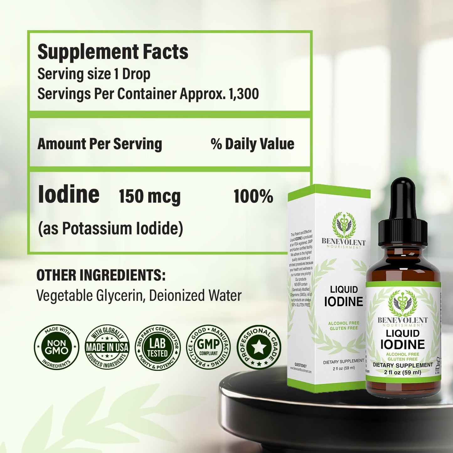 Liquid Iodine Drops – 1300 Servings Potassium Iodide for Thyroid, Metabolism & Detox Support – 2X Absorption – 1 Year Supply – USA Made, Gluten Free, Vegan – 2 Fl Oz