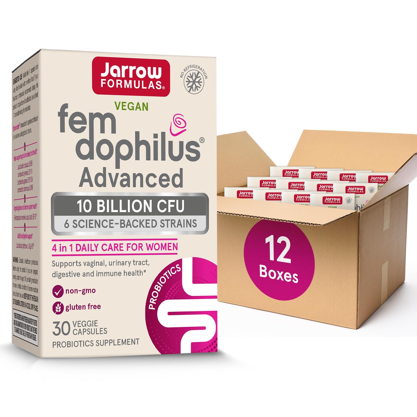 Jarrow Formulas Fem-Dophilus Advanced Vaginal & Digestive Probiotics 10 Billion CFU With 6 Clinically-Studied Strains, For Vaginal, Urinary Tract, Digestive & Immune Support, 30 Capsules, Shelf-Stable