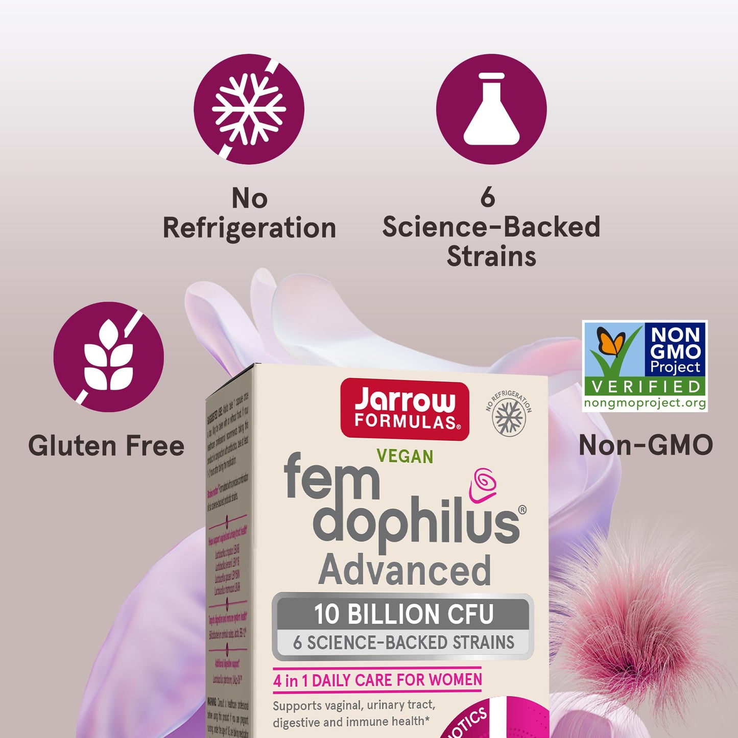 Jarrow Formulas Fem-Dophilus Advanced Vaginal & Digestive Probiotics 10 Billion CFU With 6 Clinically-Studied Strains, For Vaginal, Urinary Tract, Digestive & Immune Support, 30 Capsules, Shelf-Stable