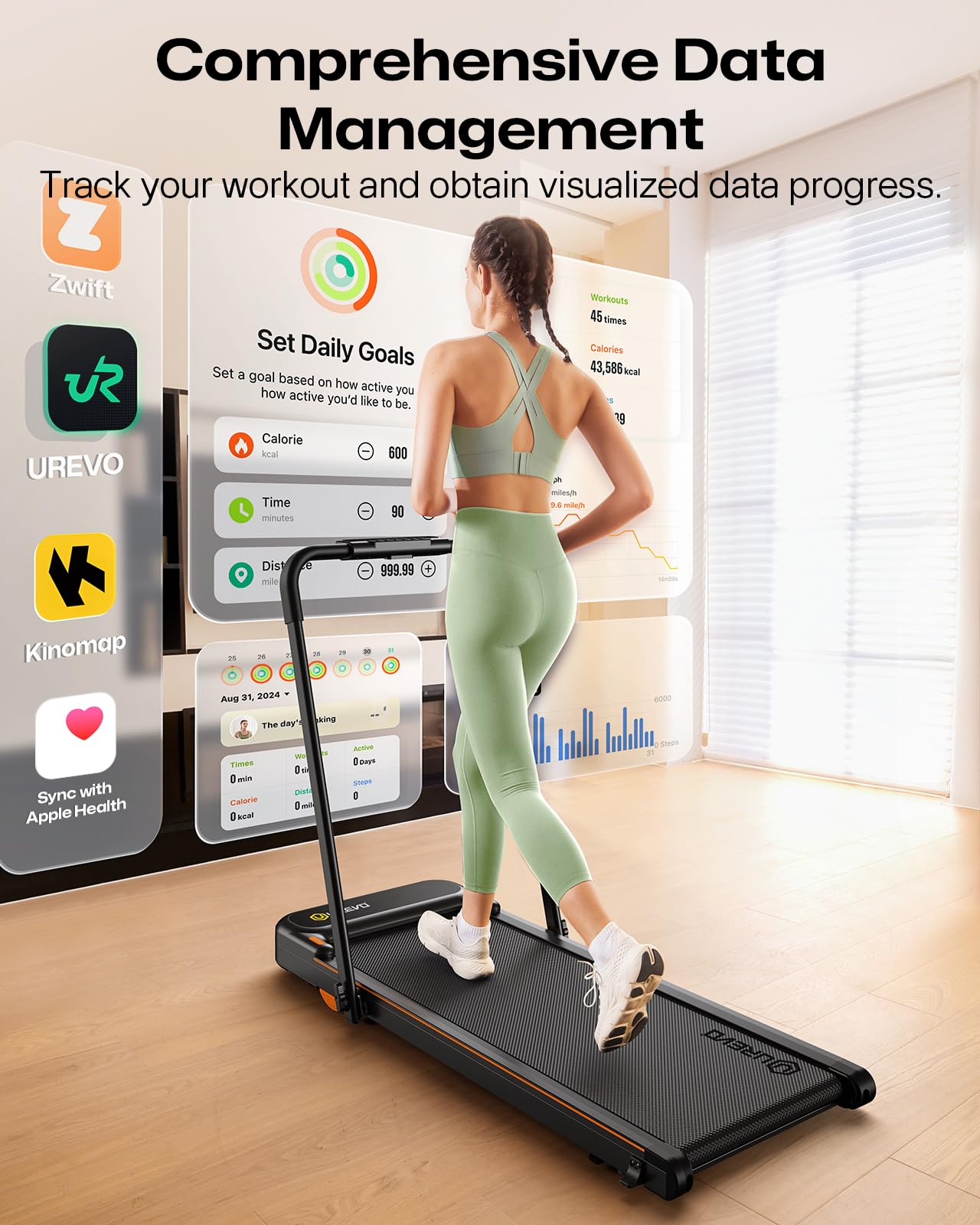 UREVO Strol 2E Smart 2-in-1 Folding Treadmill, Compact Walking Pad with Safety Handle, Plug and Play, Dual LED Display, Workout APP, Walking or Running for Home Office, Remote Included