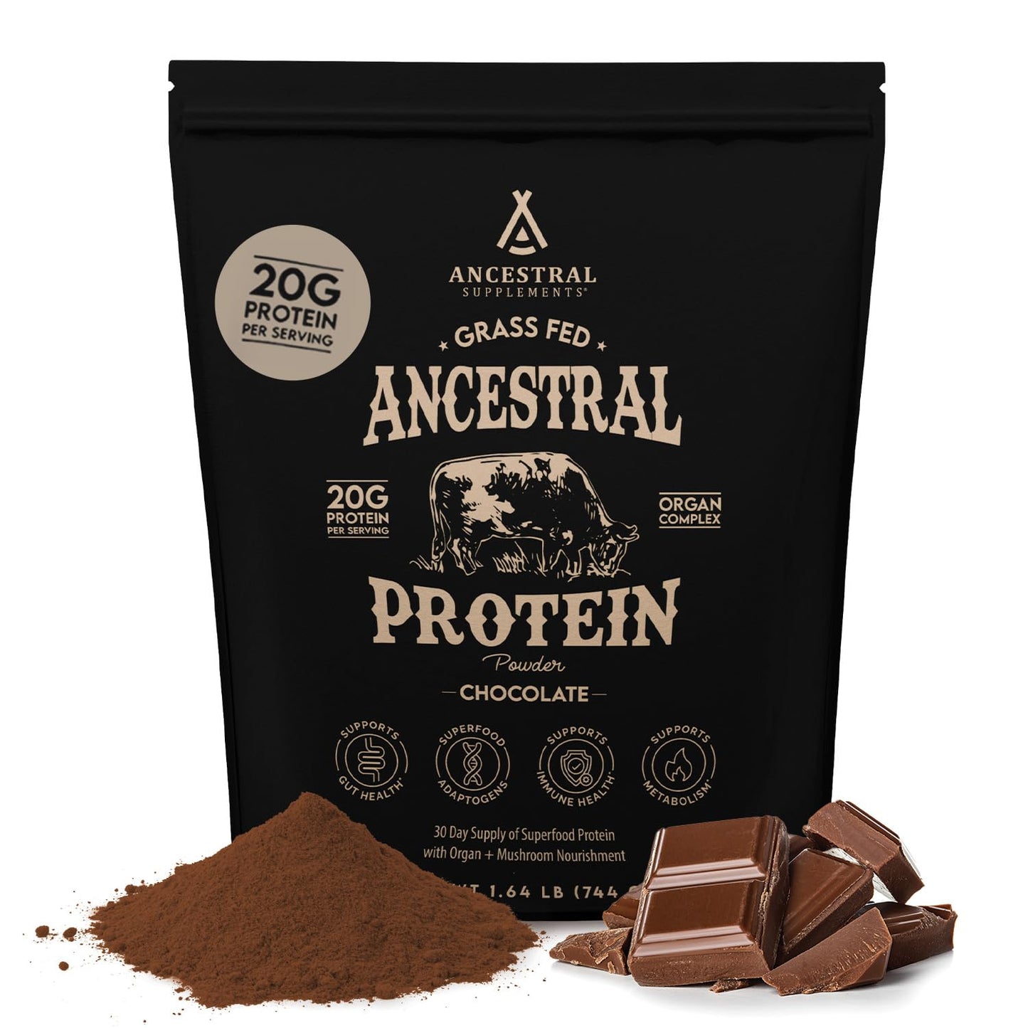 Ancestral Supplements Grass Fed Protein Powder, Vanilla, Beef Bone Broth Based with Beef Organs & Organic Mushrooms, Gut Health Support, High Protein Supplement, 20g Protein Per Serving, 30 Day Supply