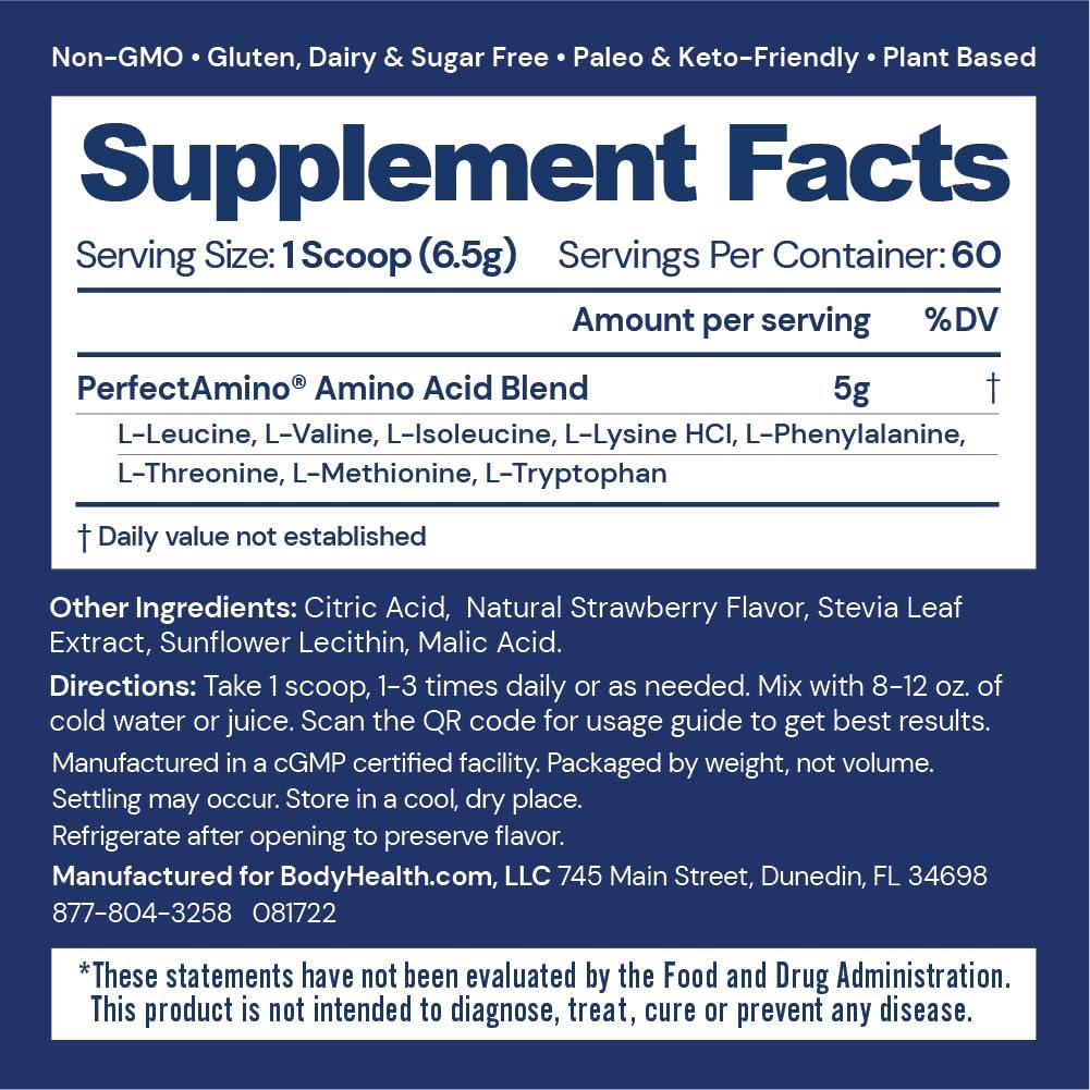 BodyHealth PerfectAmino Powder - BCAA and EAA Powder for Pre and Post Workout - Amino Acid Energy Drink for Men and Women to Support Lean Muscle and Recovery - Vanilla - 60 Servings