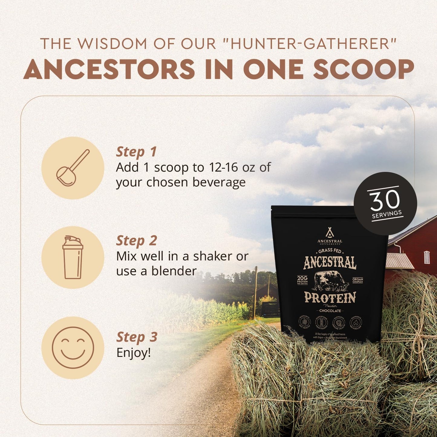 Ancestral Supplements Grass Fed Protein Powder, Vanilla, Beef Bone Broth Based with Beef Organs & Organic Mushrooms, Gut Health Support, High Protein Supplement, 20g Protein Per Serving, 30 Day Supply