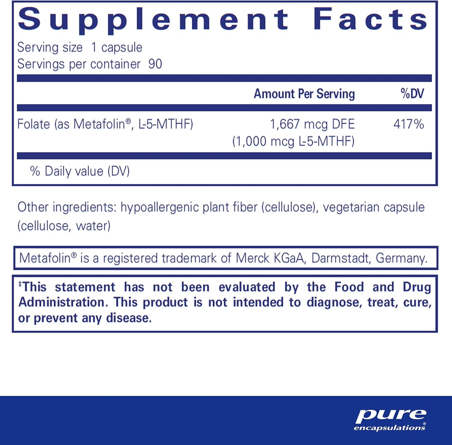 Pure Encapsulations Folate 1000 - Metafolin L-5-MTHF - Heart Health Supplement* - Folate Supplement - Non-GMO & Gluten Free - 90 Capsules