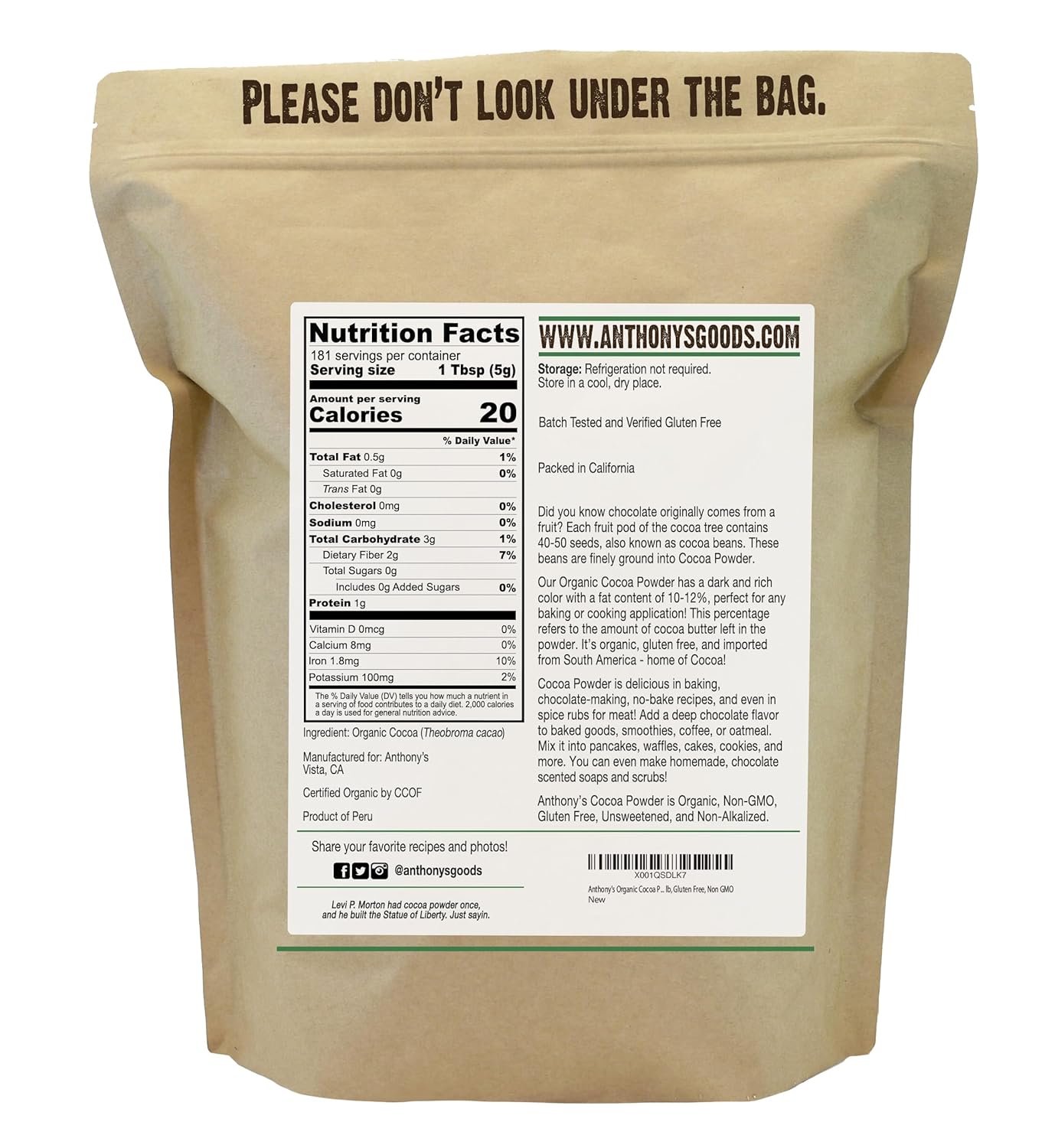 Anthony's Organic Cocoa Powder, 2 lb, Cacao Powder, Gluten Free, Non GMO, Non Alkalized, Unsweetened