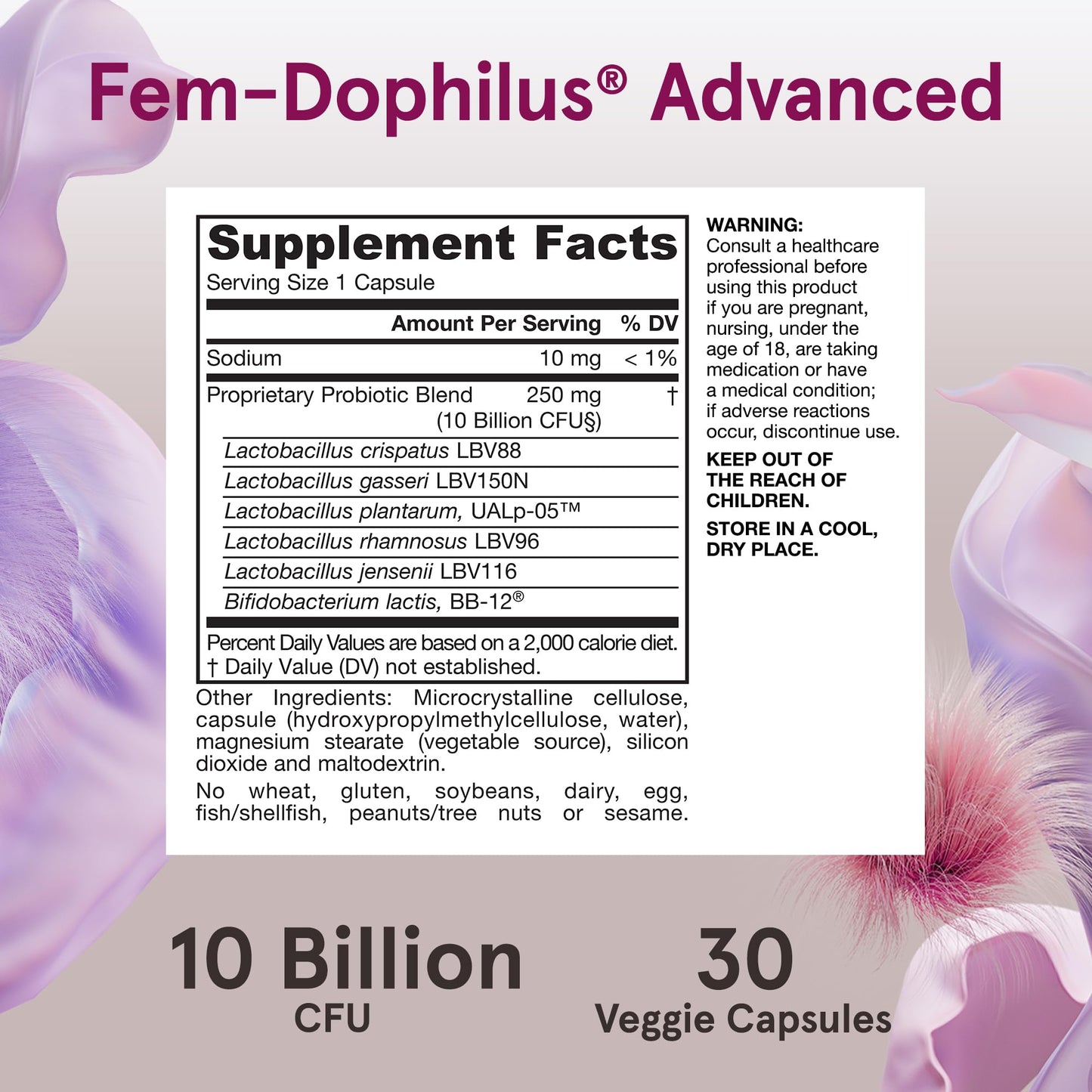 Jarrow Formulas Fem-Dophilus Advanced Vaginal & Digestive Probiotics 10 Billion CFU With 6 Clinically-Studied Strains, For Vaginal, Urinary Tract, Digestive & Immune Support, 30 Capsules, Shelf-Stable