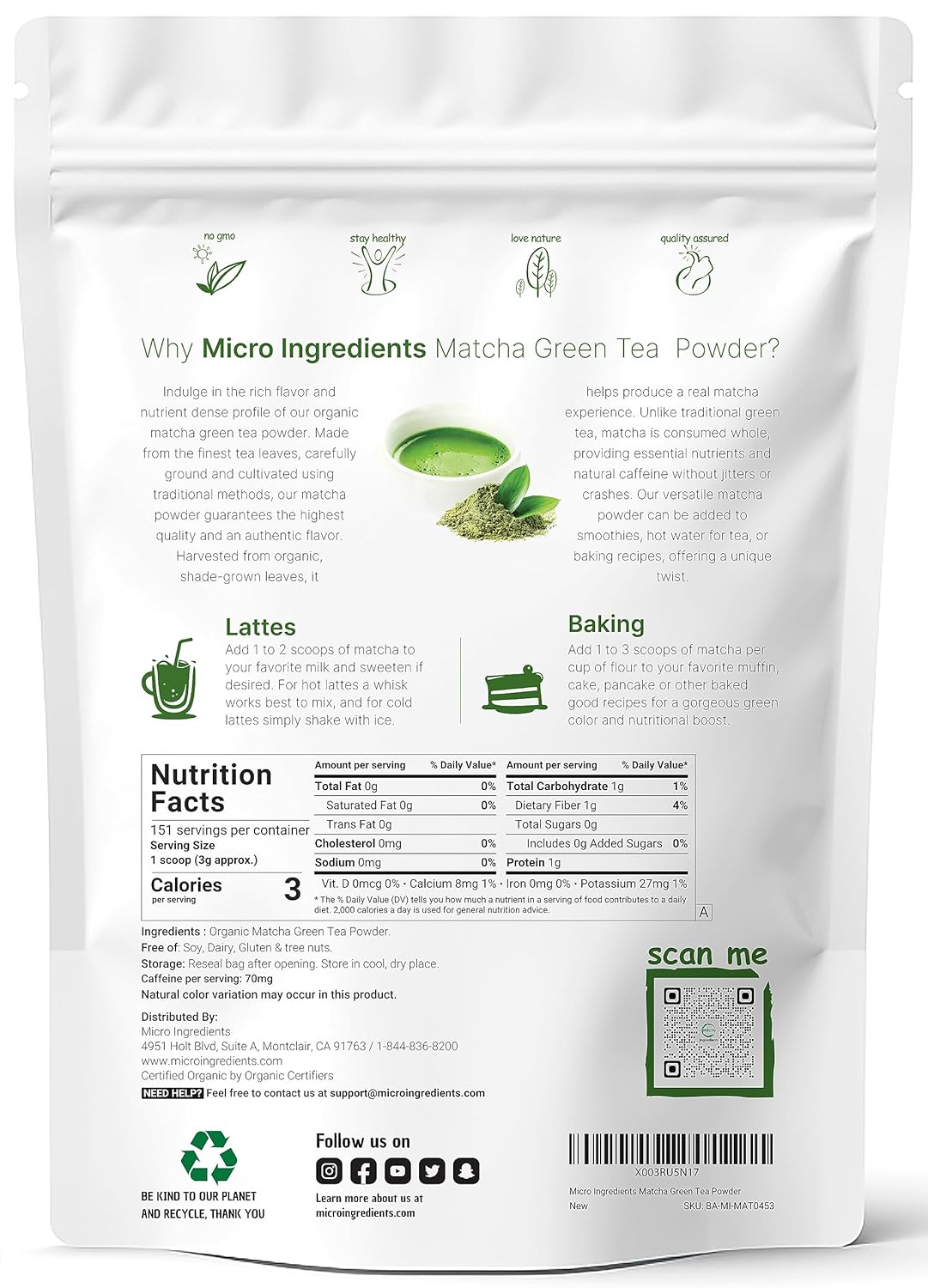 Micro Ingredients Organic Matcha Green Tea Powder, 1 lb | First Harvest, Culinary Grade from Japan | 100% Pure & Unflavored | Great for Tea, Latte & Smoothies | Non-GMO, No Sugar, Eco-Friendly Packaging