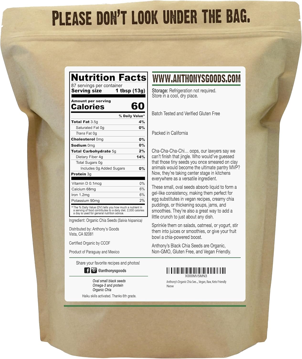 Anthony's Organic Chia Seeds, 2.5 lb, Gluten Free, Vegan, Keto Friendly