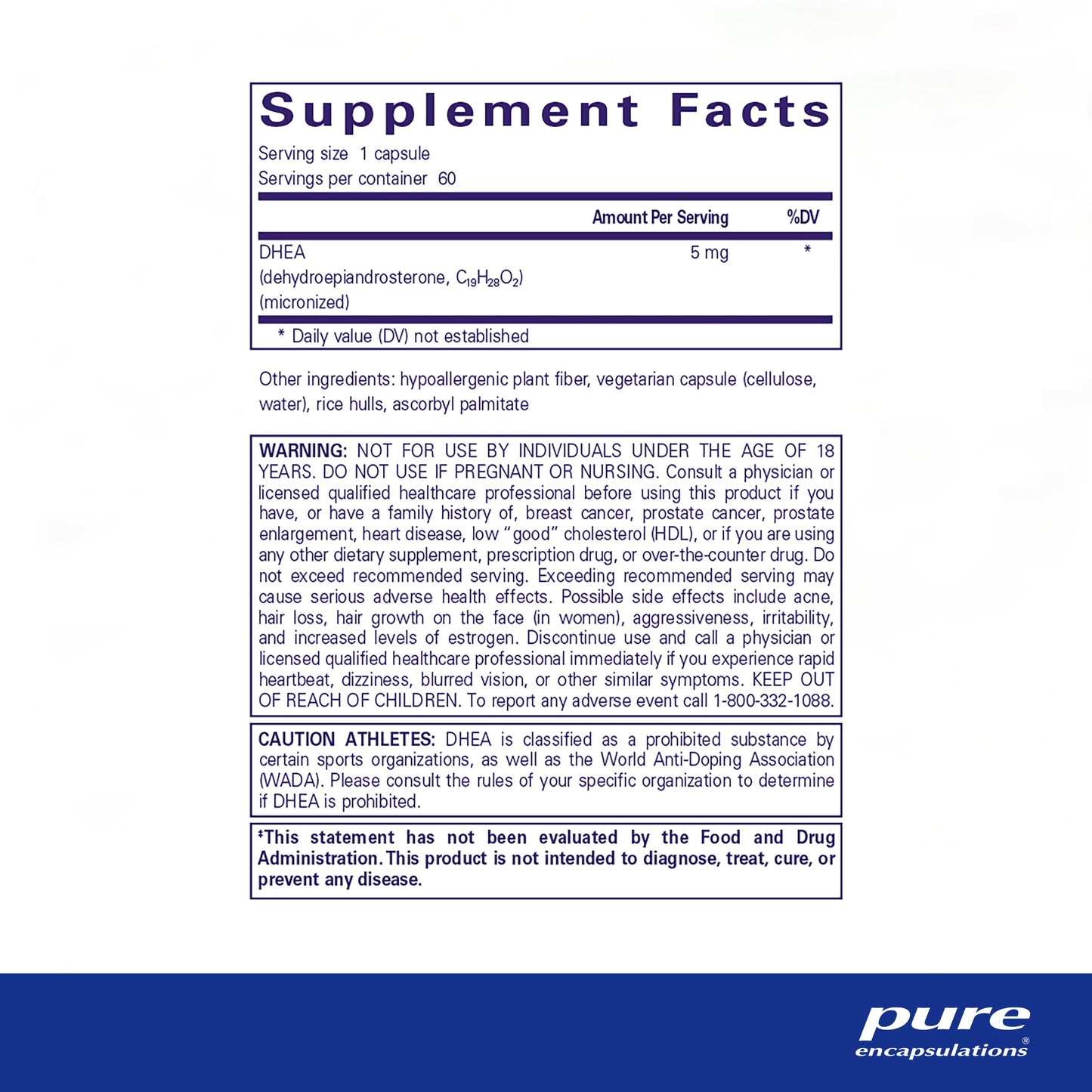 Pure Encapsulations DHEA 5 mg - Immune Support & Hormones Balance* - Micronized DHEA - Gluten Free & Vegan - 60 Capsules