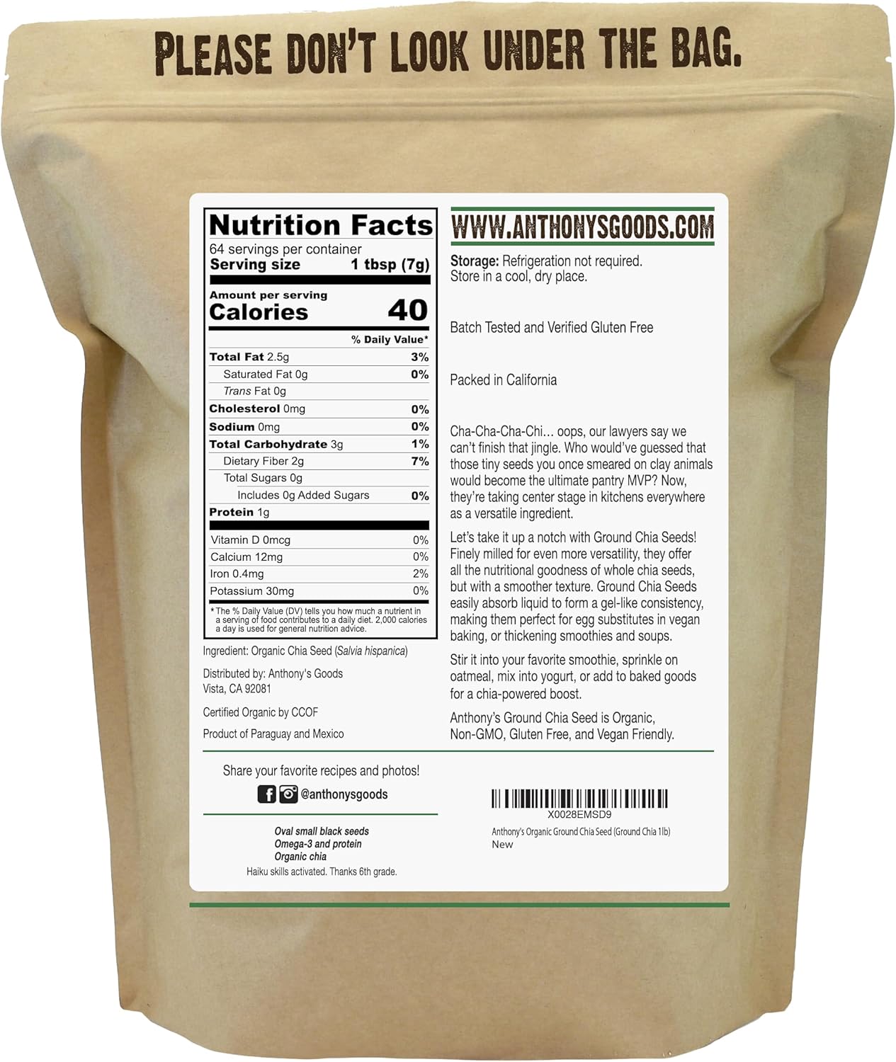 Anthony's Organic Ground Chia Seed, 1 lb, Finely Ground, Cold Milled, Gluten Free, Non GMO