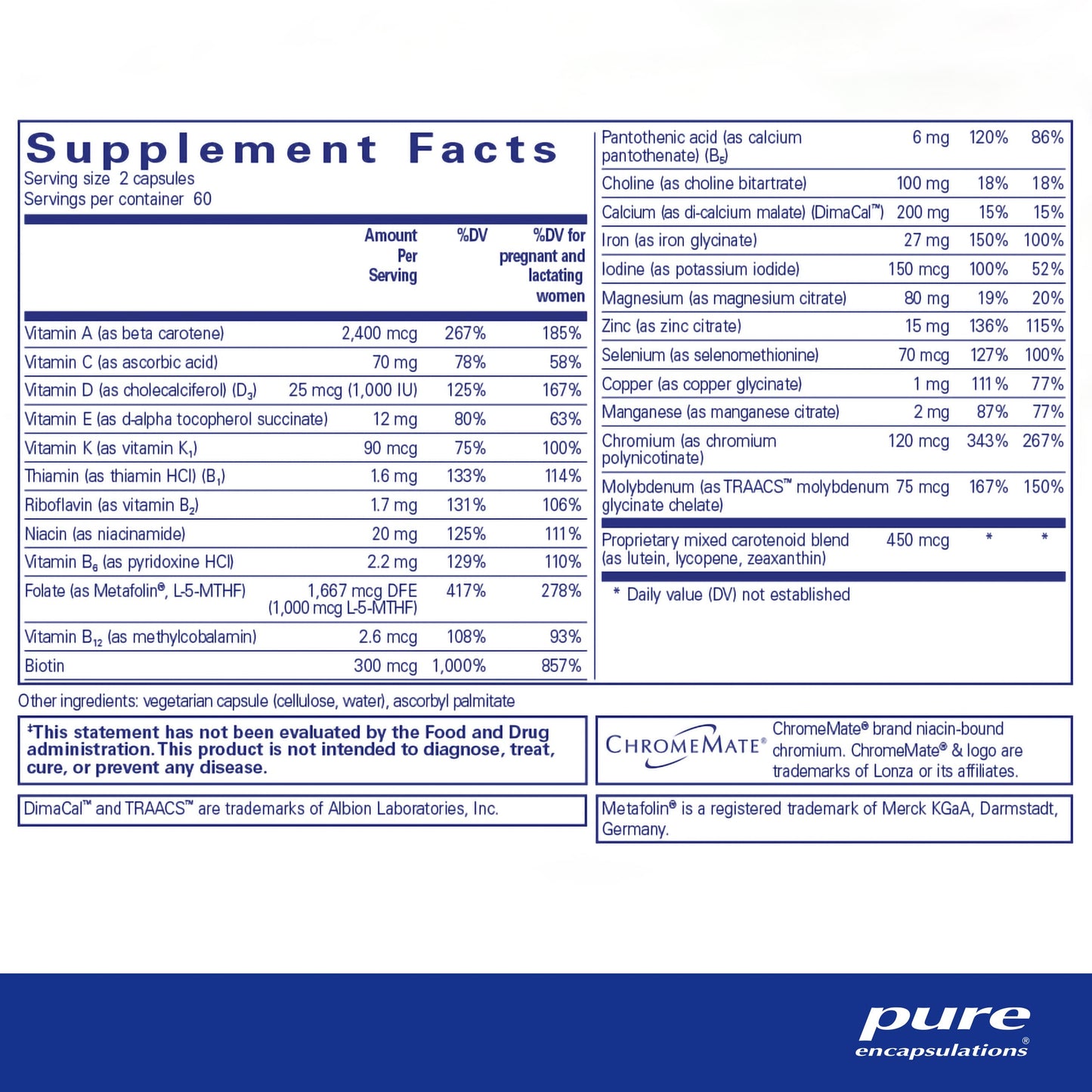 Pure Encapsulations PreNatal Nutrients - for Pregnancy & Lactation - Aids Energy & DNA Development* - with Folate, Choline & Iron - Gluten Free & Non-GMO - 120 Capsules