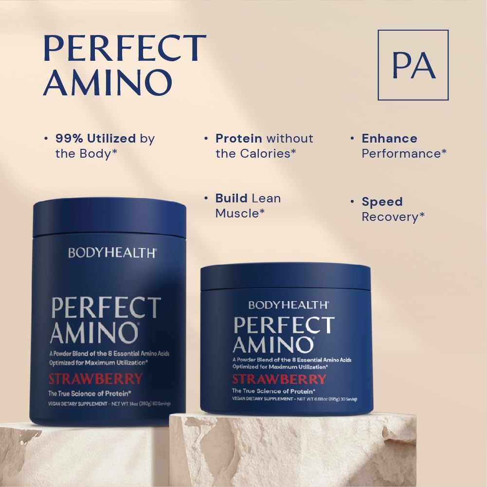 BodyHealth PerfectAmino Powder - BCAA and EAA Powder for Pre and Post Workout - Amino Acid Energy Drink for Men and Women to Support Lean Muscle and Recovery - Vanilla - 60 Servings