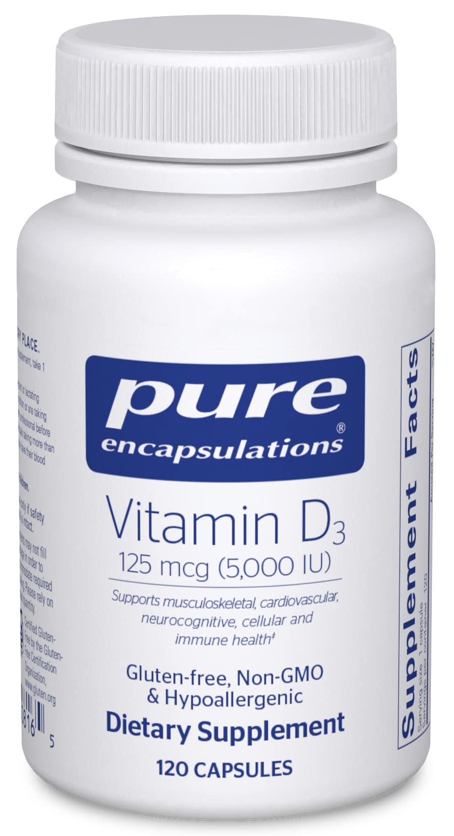 Pure Encapsulations Vitamin D3 125 mcg (5,000 IU) - Supplement to Support Bone, Joint, Breast, Heart, Colon, and Immune Health* - with Vitamin D - 250 Capsules