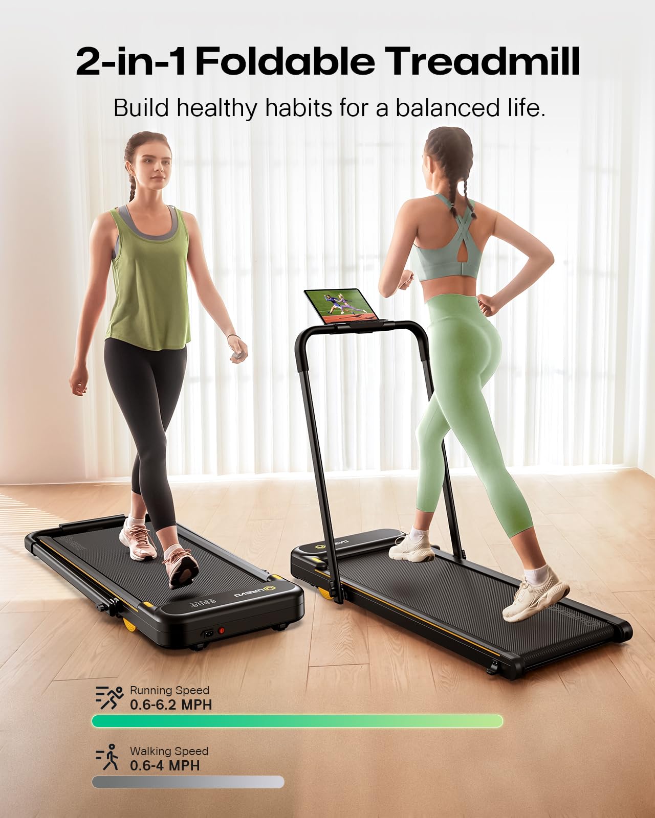 UREVO Strol 2E Smart 2-in-1 Folding Treadmill, Compact Walking Pad with Safety Handle, Plug and Play, Dual LED Display, Workout APP, Walking or Running for Home Office, Remote Included