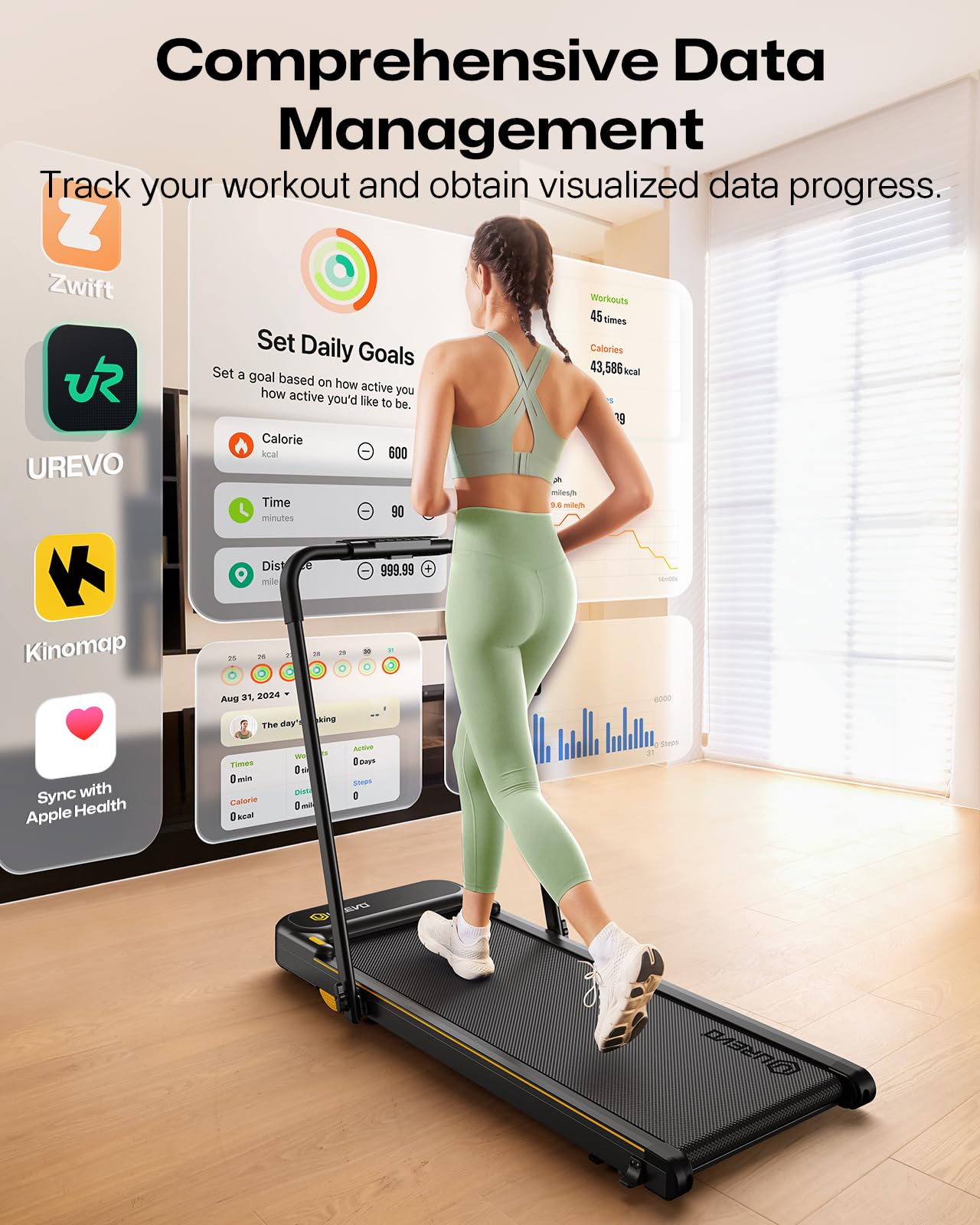 UREVO Strol 2E Smart 2-in-1 Folding Treadmill, Compact Walking Pad with Safety Handle, Plug and Play, Dual LED Display, Workout APP, Walking or Running for Home Office, Remote Included