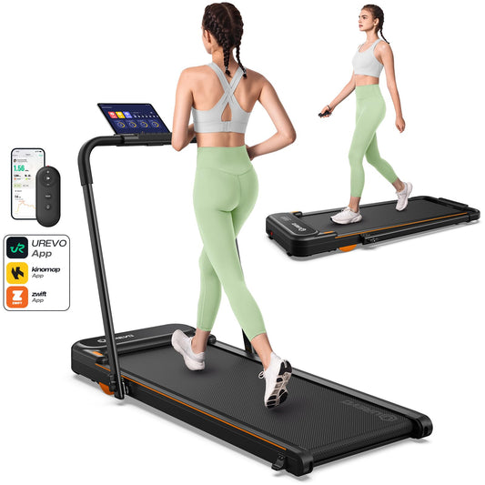UREVO Strol 2E Smart 2-in-1 Folding Treadmill, Compact Walking Pad with Safety Handle, Plug and Play, Dual LED Display, Workout APP, Walking or Running for Home Office, Remote Included