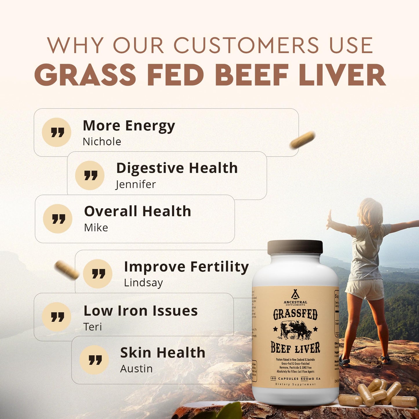 Beef Organ Supplement for Women – Supports Hormone Balance, Energy & Wellness – Grass Fed, Pasture Raised Superfood – Liver, Heart, Kidney, Bone Marrow – Collagen, CoQ10, B12 – Female Support Blend