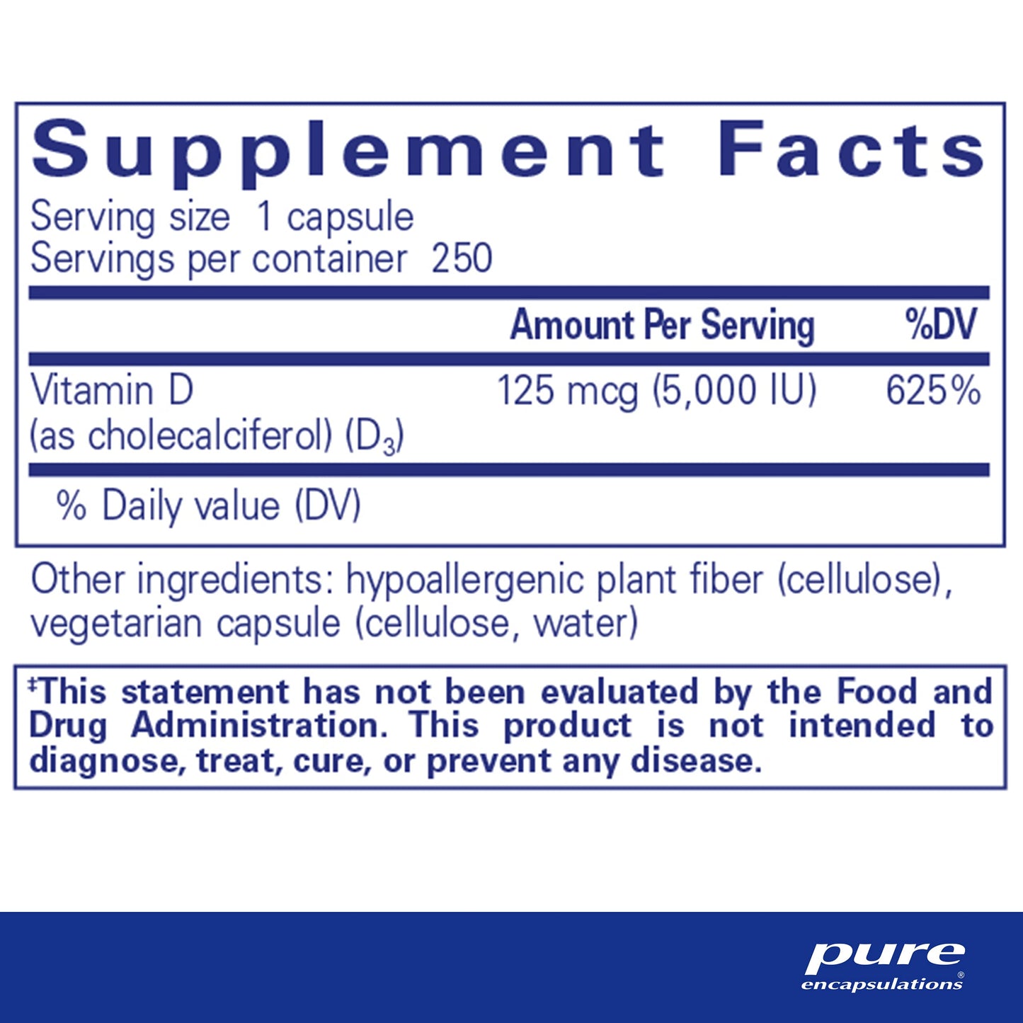 Pure Encapsulations Vitamin D3 125 mcg (5,000 IU) - Supplement to Support Bone, Joint, Breast, Heart, Colon, and Immune Health* - with Vitamin D - 250 Capsules