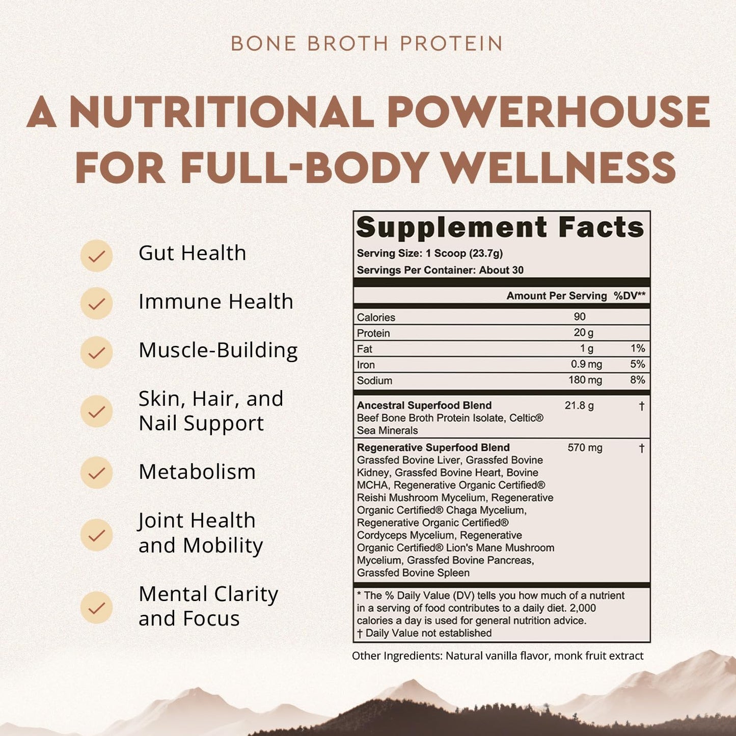 Ancestral Supplements Grass Fed Protein Powder, Vanilla, Beef Bone Broth Based with Beef Organs & Organic Mushrooms, Gut Health Support, High Protein Supplement, 20g Protein Per Serving, 30 Day Supply