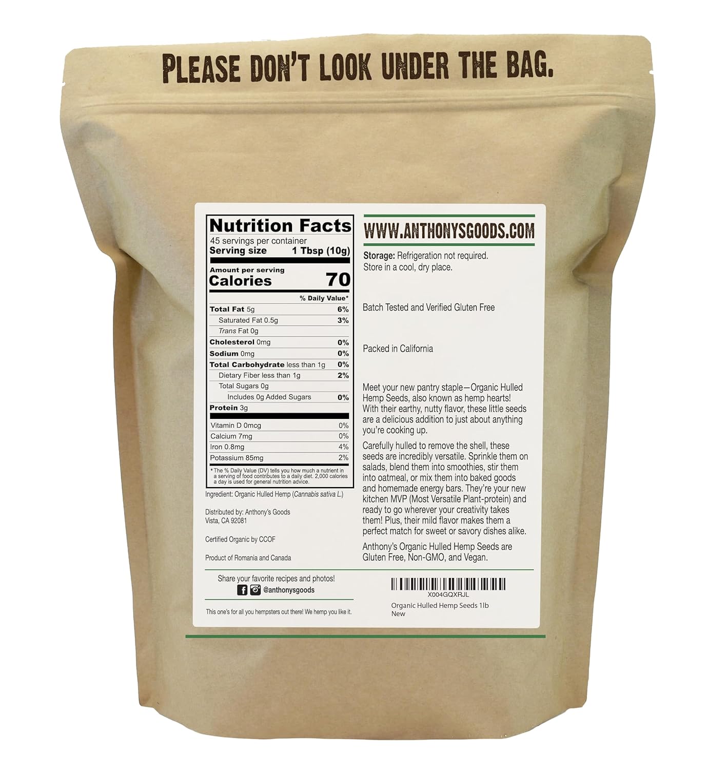 Organic Hulled Hemp Seeds, 1lb, Hemp Hearts, Gluten Free, Non-GMO, Vegan