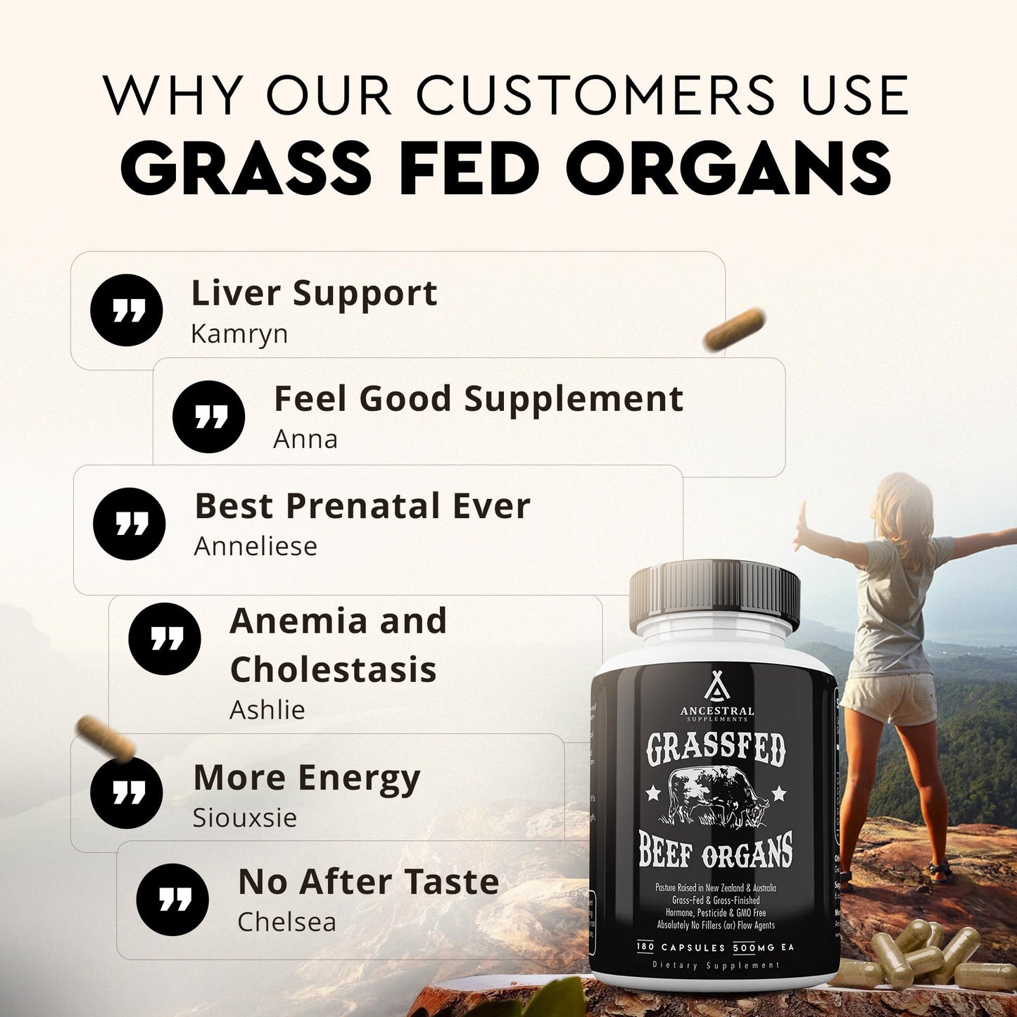 Beef Organ Supplement for Women – Supports Hormone Balance, Energy & Wellness – Grass Fed, Pasture Raised Superfood – Liver, Heart, Kidney, Bone Marrow – Collagen, CoQ10, B12 – Female Support Blend