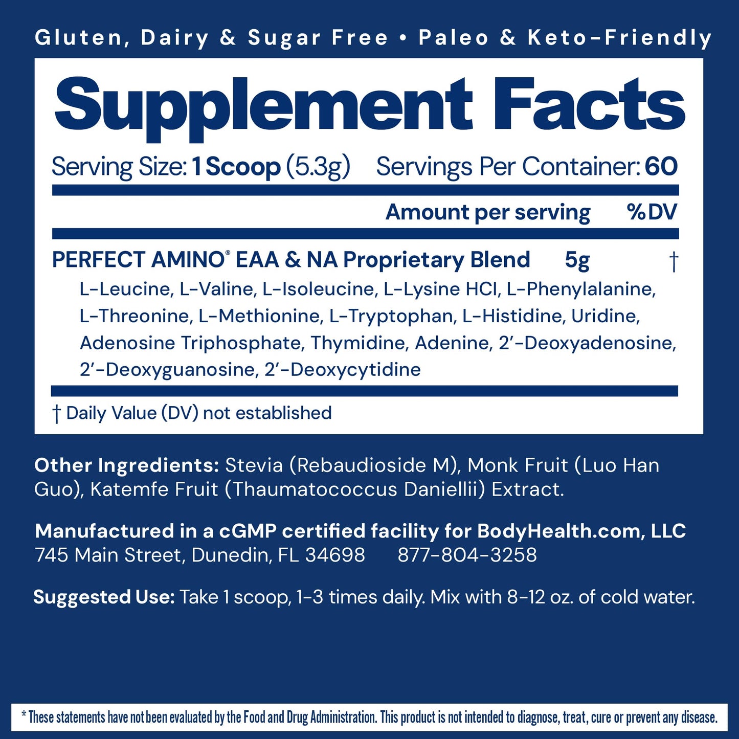 BodyHealth PerfectAmino Powder - BCAA and EAA Powder for Pre and Post Workout - Amino Acid Energy Drink for Men and Women to Support Lean Muscle and Recovery - Vanilla - 60 Servings