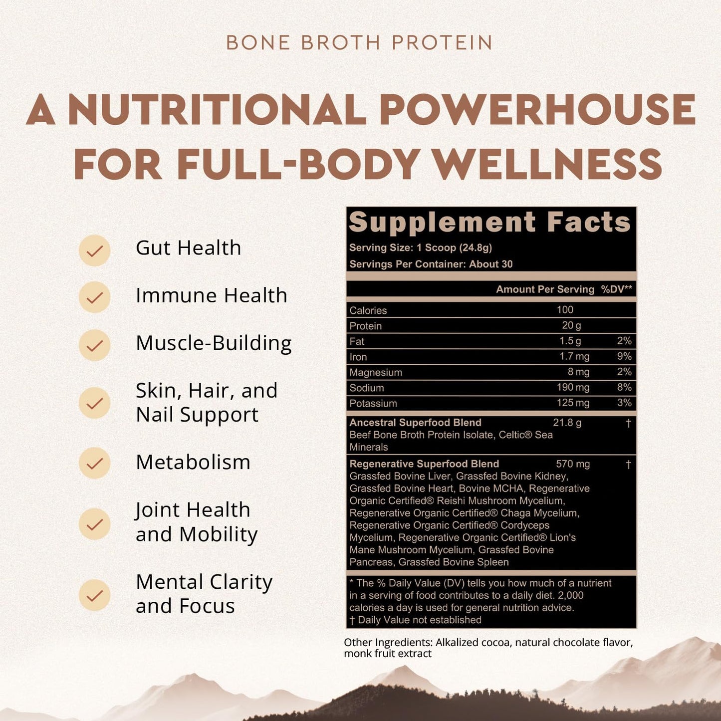 Ancestral Supplements Grass Fed Protein Powder, Vanilla, Beef Bone Broth Based with Beef Organs & Organic Mushrooms, Gut Health Support, High Protein Supplement, 20g Protein Per Serving, 30 Day Supply