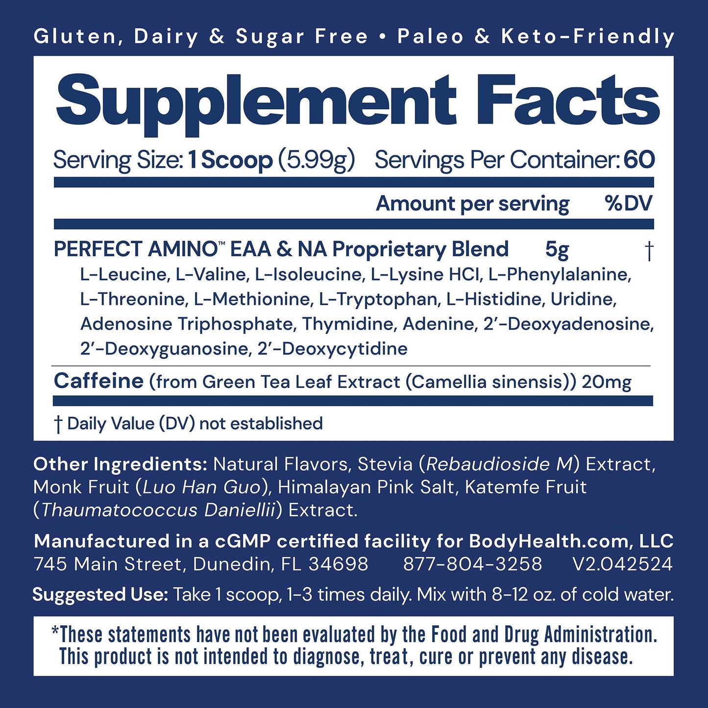 BodyHealth PerfectAmino Powder - BCAA and EAA Powder for Pre and Post Workout - Amino Acid Energy Drink for Men and Women to Support Lean Muscle and Recovery - Vanilla - 60 Servings