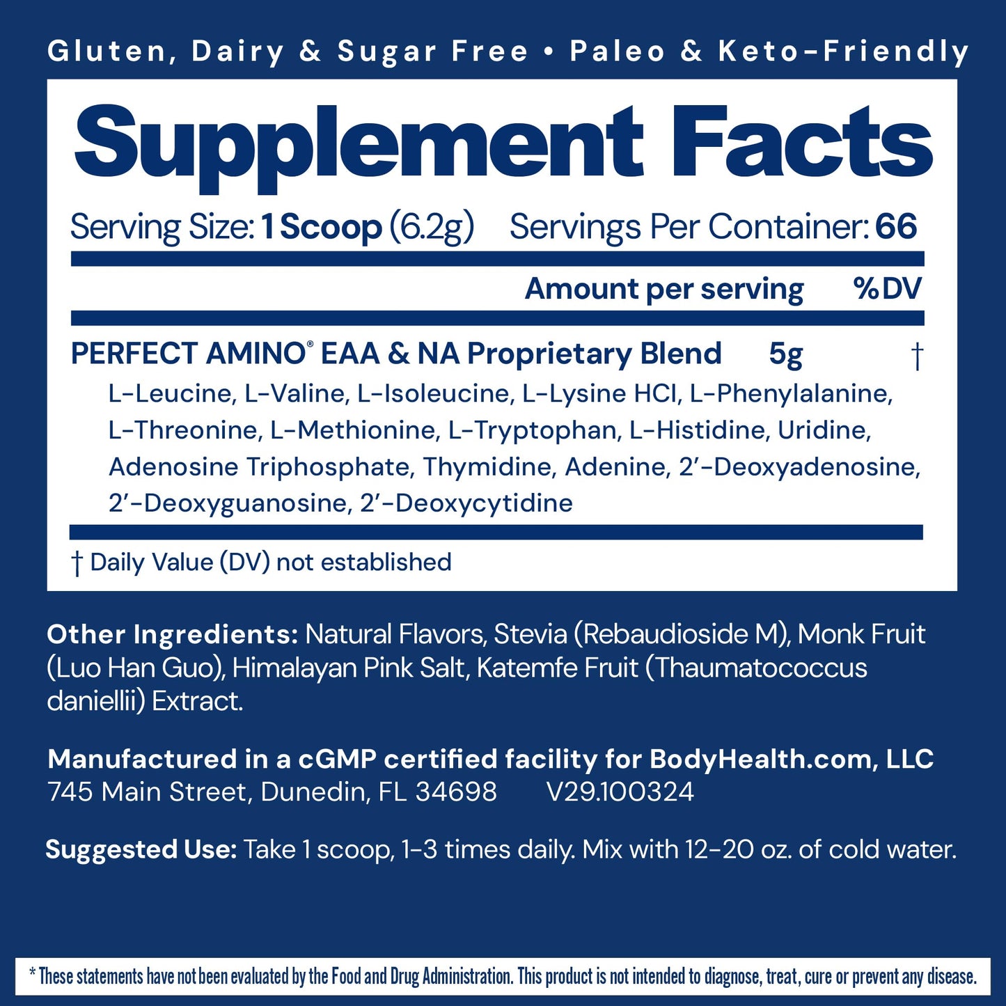 BodyHealth PerfectAmino Powder - BCAA and EAA Powder for Pre and Post Workout - Amino Acid Energy Drink for Men and Women to Support Lean Muscle and Recovery - Vanilla - 60 Servings