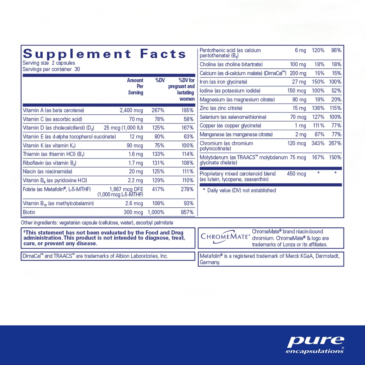 Pure Encapsulations PreNatal Nutrients - for Pregnancy & Lactation - Aids Energy & DNA Development* - with Folate, Choline & Iron - Gluten Free & Non-GMO - 120 Capsules