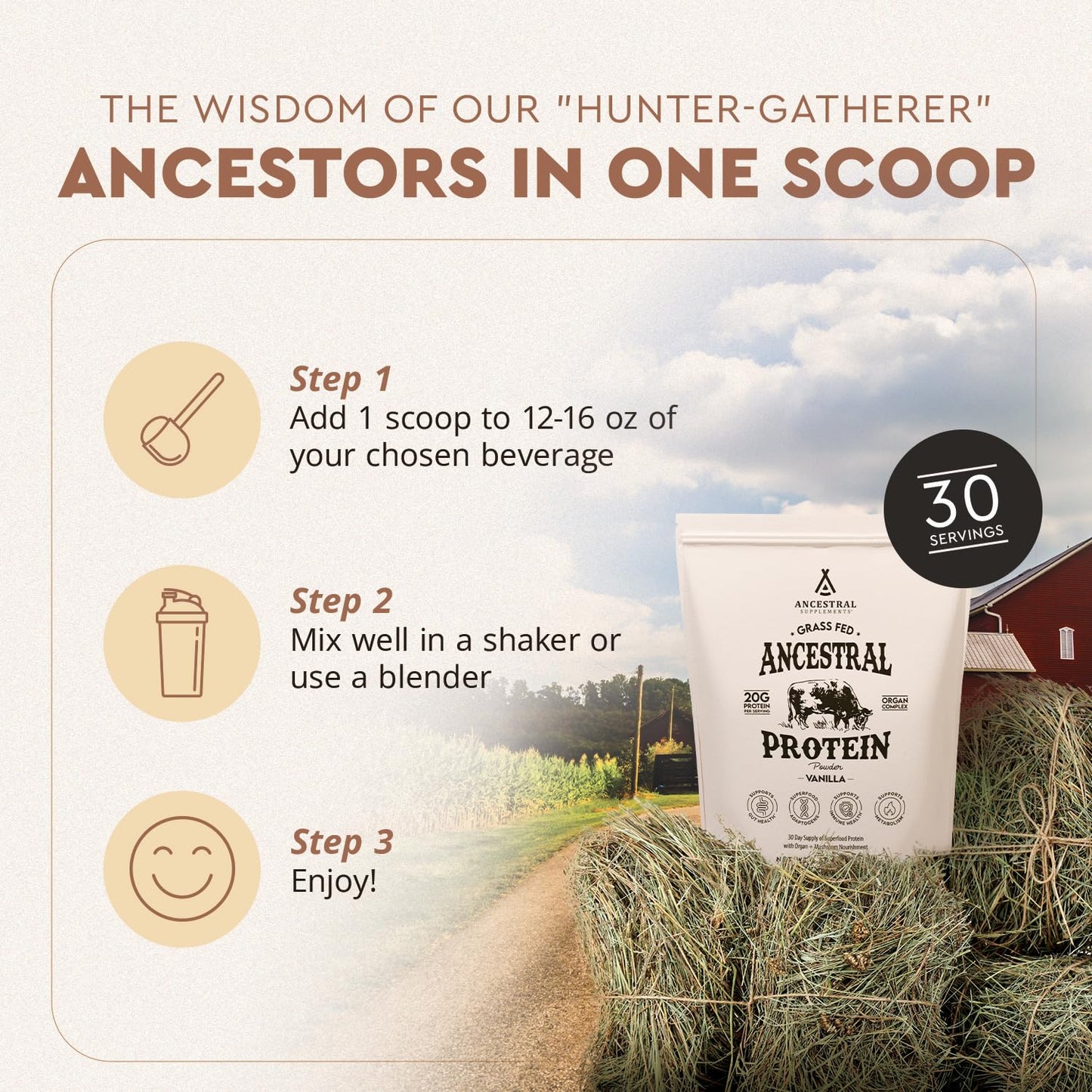Ancestral Supplements Grass Fed Protein Powder, Vanilla, Beef Bone Broth Based with Beef Organs & Organic Mushrooms, Gut Health Support, High Protein Supplement, 20g Protein Per Serving, 30 Day Supply